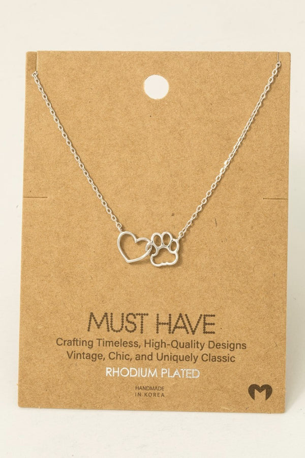 Dog Paw Heart Cutout Pendant Necklace - Rhodium Plated