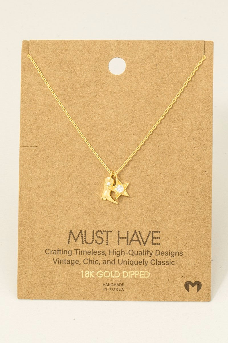 Cowboy Boots Star Pendant Necklace - Rhodium Plated & 18K Gold Dipped