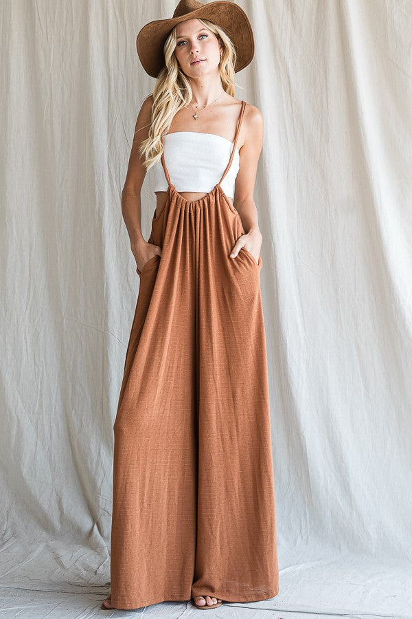 Wide Leg Solid Textured Knit Suspender Pants in Camel