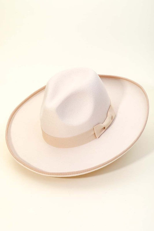 Ribbon Tie Wide Brim Hat in Cream