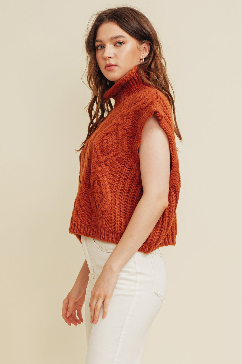RUST CABLE KNIT TURTLE NECK SWEATER - Final Sale