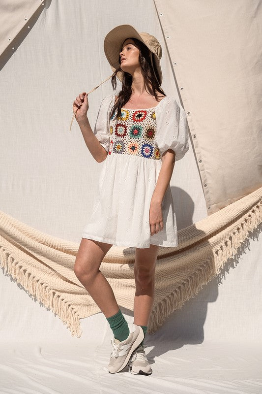 Crochet Eyelet Dress in White - Final Sale