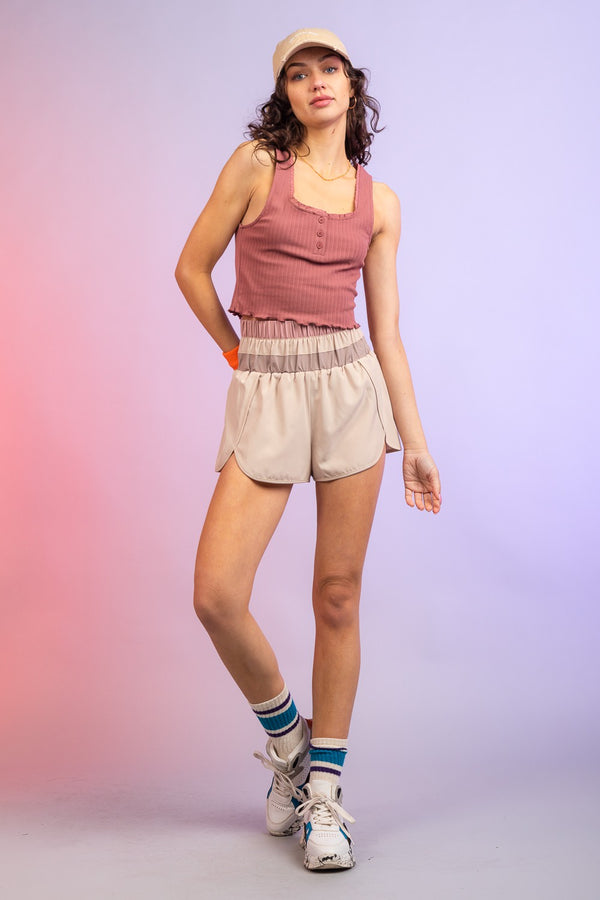 Multi Color Blocked Active Wear Shorts in Beige