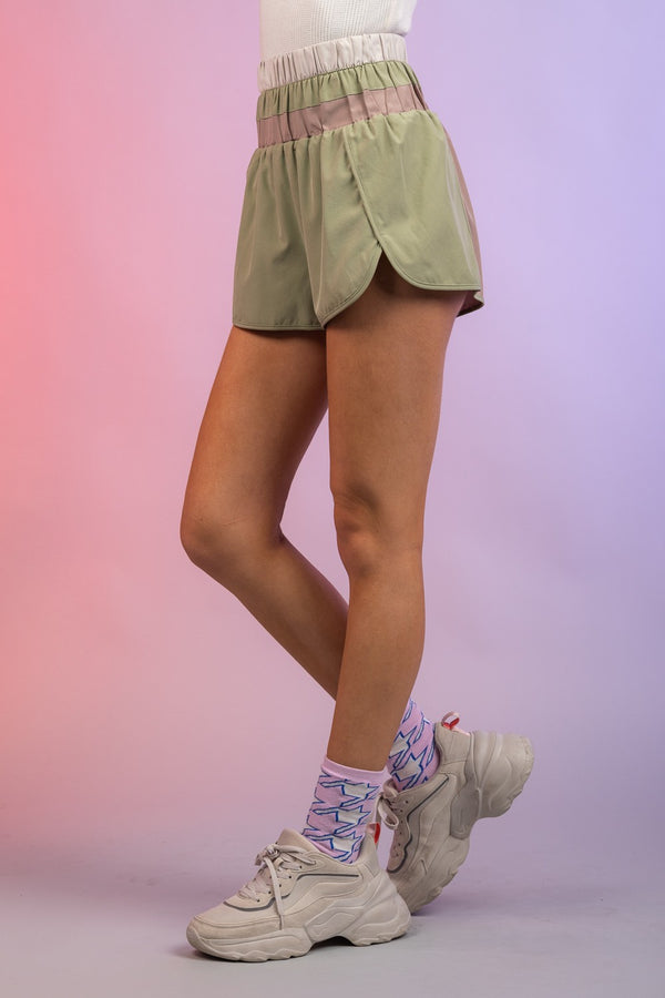 Multi Color Blocked Active Wear Shorts in Sage