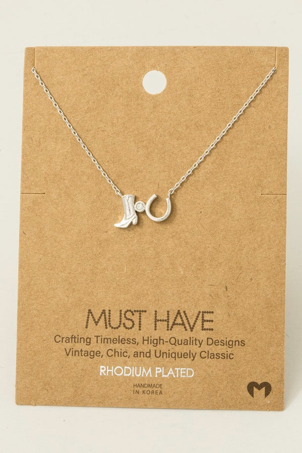 Western Cowboy Boots Horse Shoe Charm Necklace - Rhodium Plated & 18K Gold Dipped