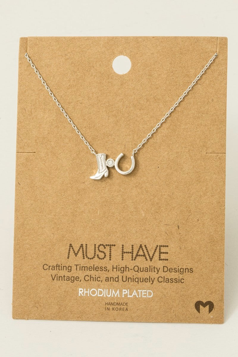 Western Cowboy Boots Horse Shoe Charm Necklace - Rhodium Plated & 18K Gold Dipped