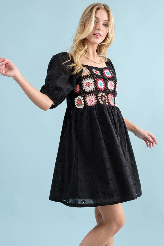 Crochet Eyelet Dress in Black