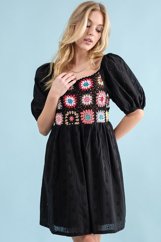 Crochet Eyelet Dress in Black
