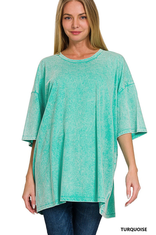 Acid Wash Cotton Drop Shoulder Boyfriend Box Tee in Turquoise