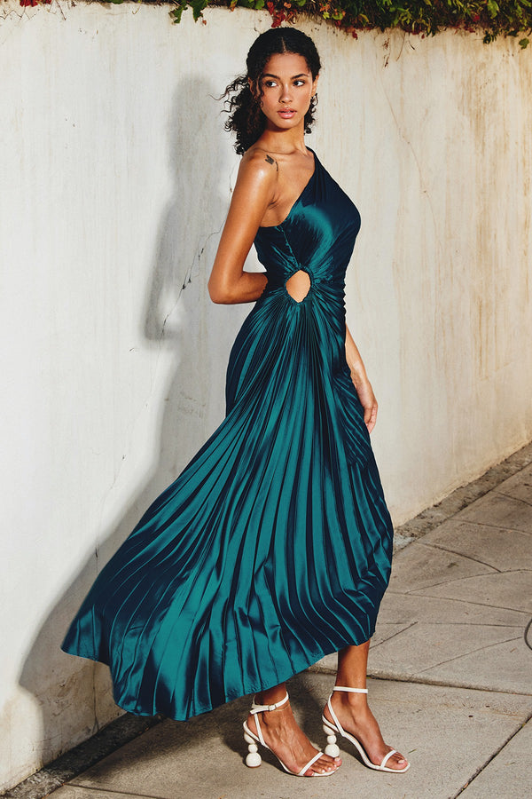 Olympia Asymmetrical Pleated Maxi Dress in Sapphire