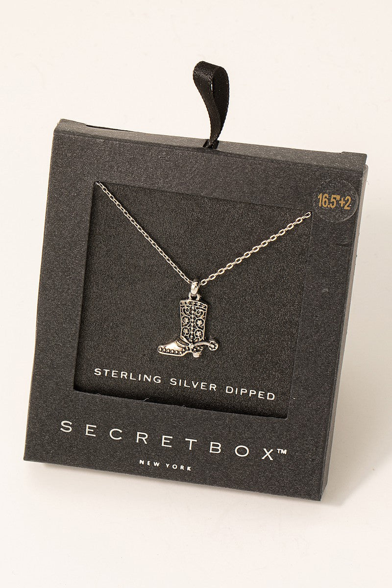 Secret Box Cowboy Boot Pendant Necklace - Sterling Silver Dipped