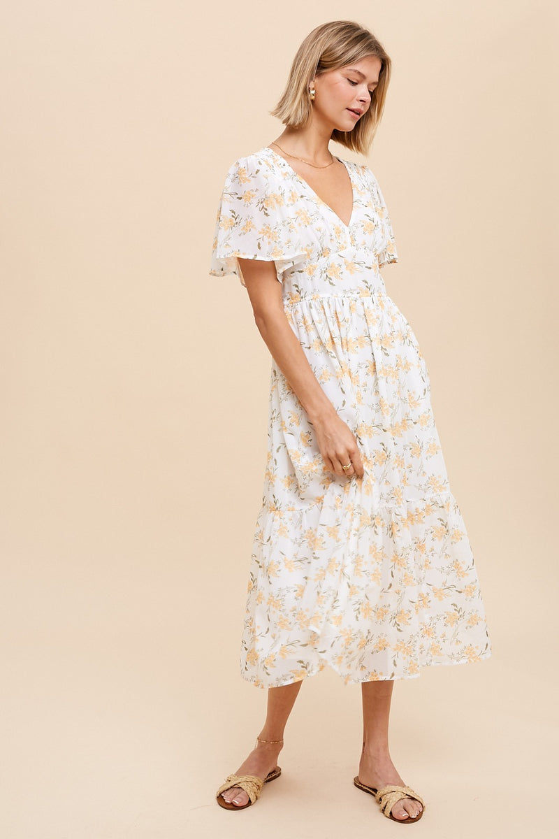 FLORAL V NECK MIDI DRESS-Final Sale