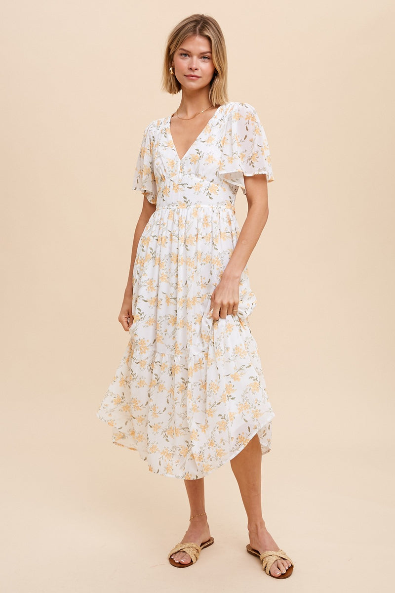 FLORAL V NECK MIDI DRESS-Final Sale