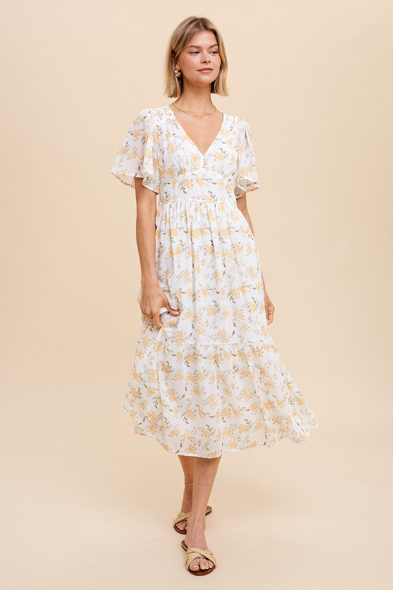 FLORAL V NECK MIDI DRESS-Final Sale