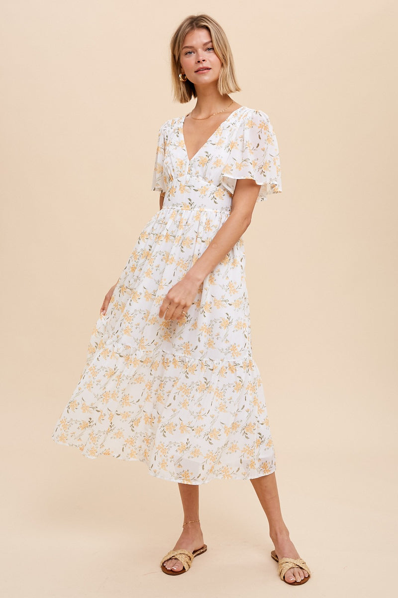 FLORAL V NECK MIDI DRESS-Final Sale