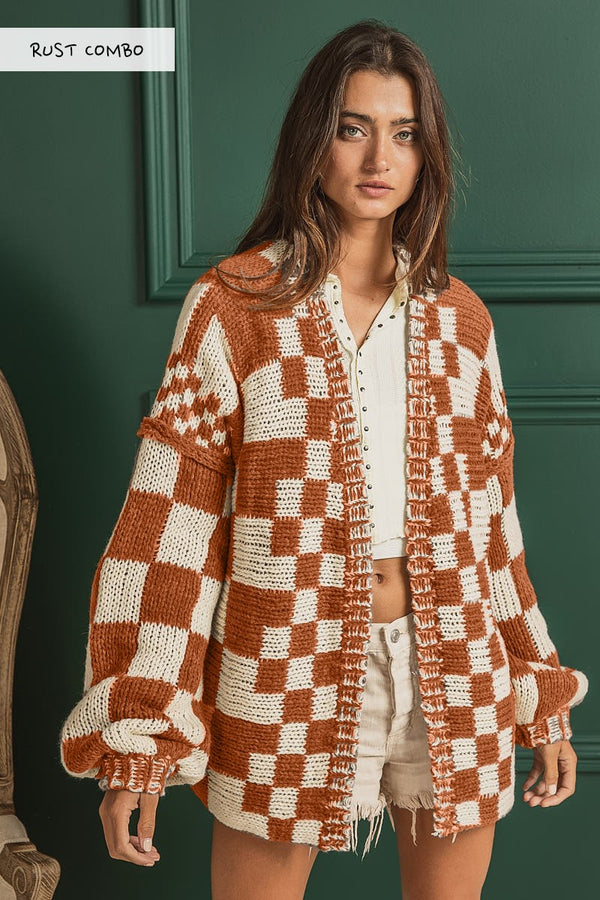 MIXED CHECK PATTERN LOOSE FIT CHUNKY CARDIGAN (RUST COMBO) (S-XL)