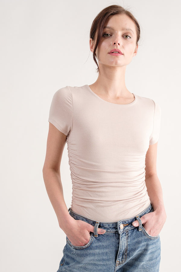 Ruched Crewneck Short Sleeve Bodysuit in Black