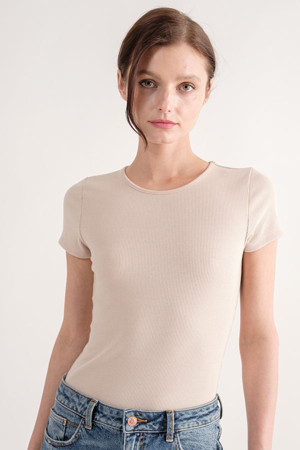 Ribbed Open Back Short Sleeve Bodysuit in Mocha