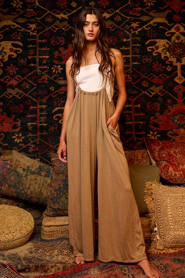 Wide Leg Solid Textured Knit Suspender Pants in Taupe