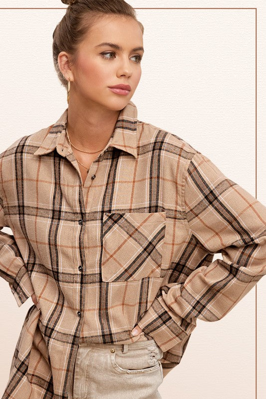 BUTTON DOWN PLAID SHIRT IN TAN