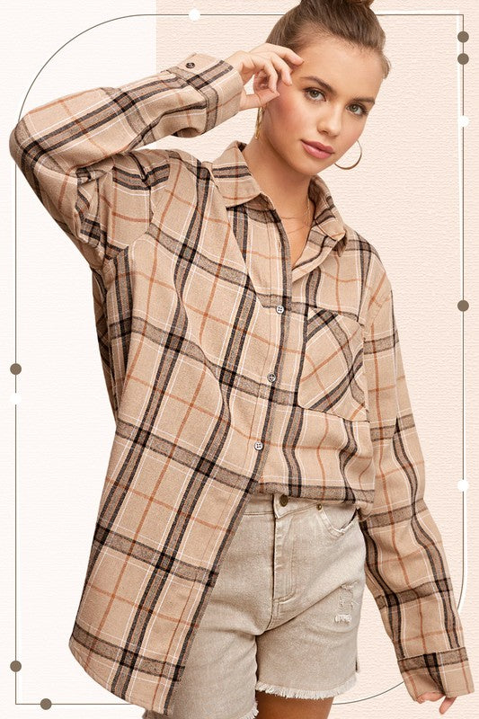 BUTTON DOWN PLAID SHIRT IN TAN