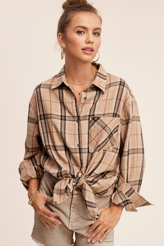 BUTTON DOWN PLAID SHIRT IN TAN