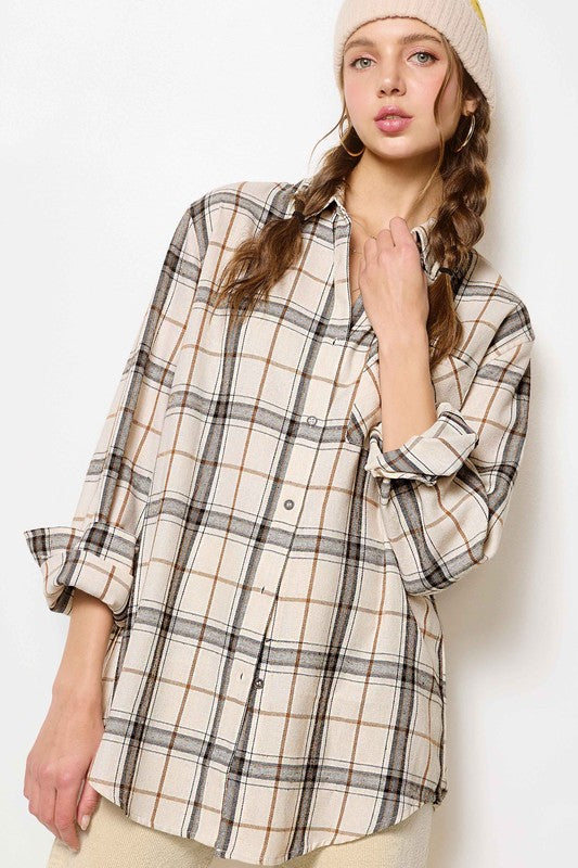 BUTTON DOWN PLAID SHIRT IN BONE