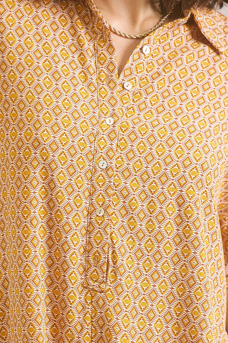 70's Diamond Printed Button Down Shirt Romper - Final Sale