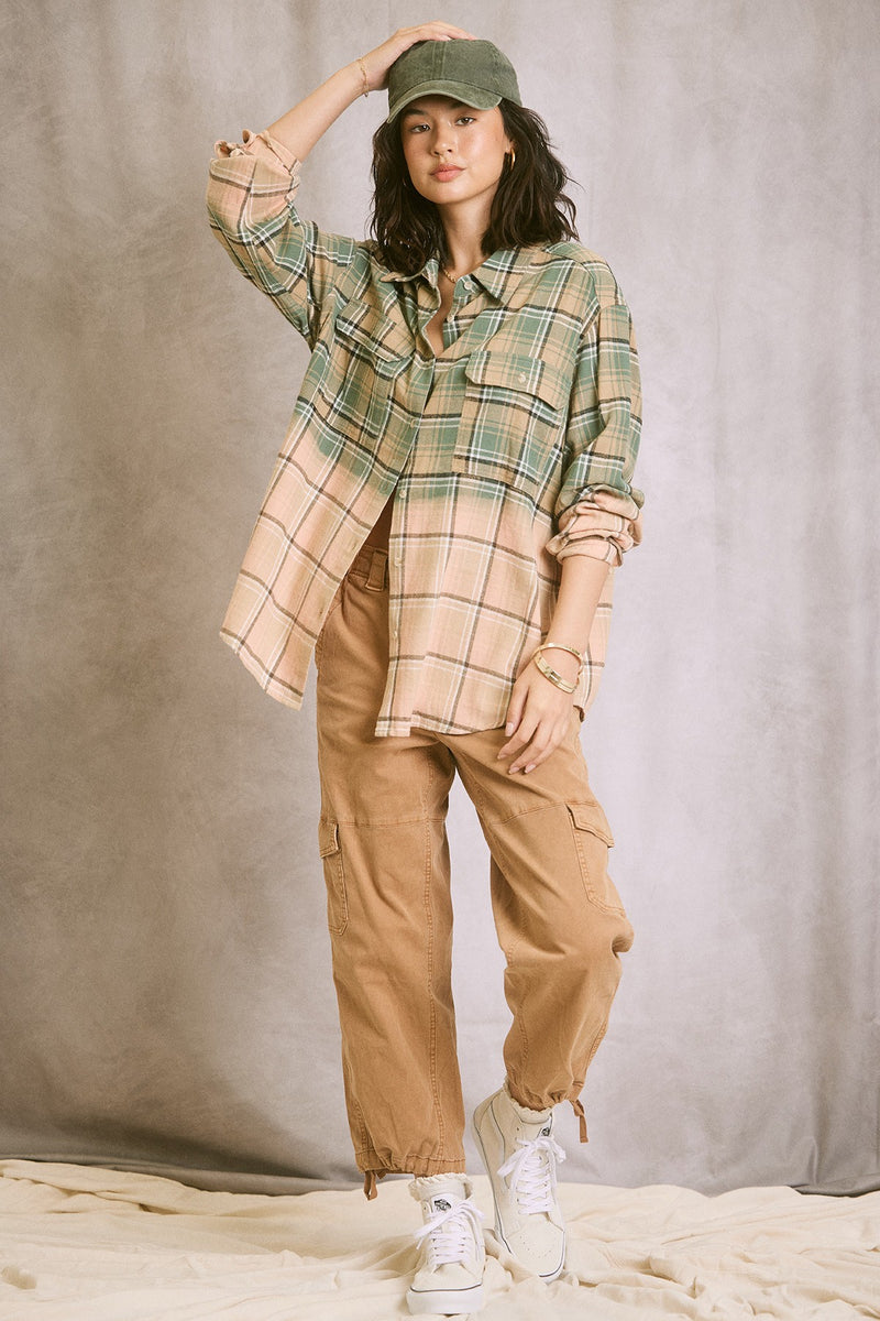 Two Tone Plaid Shirt in Jade/Peach - Final Sale