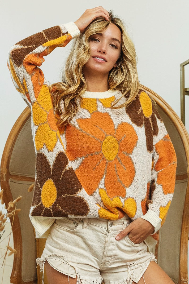 FLOWER PATTERN ROUND NECK SWEATER (S-XL)