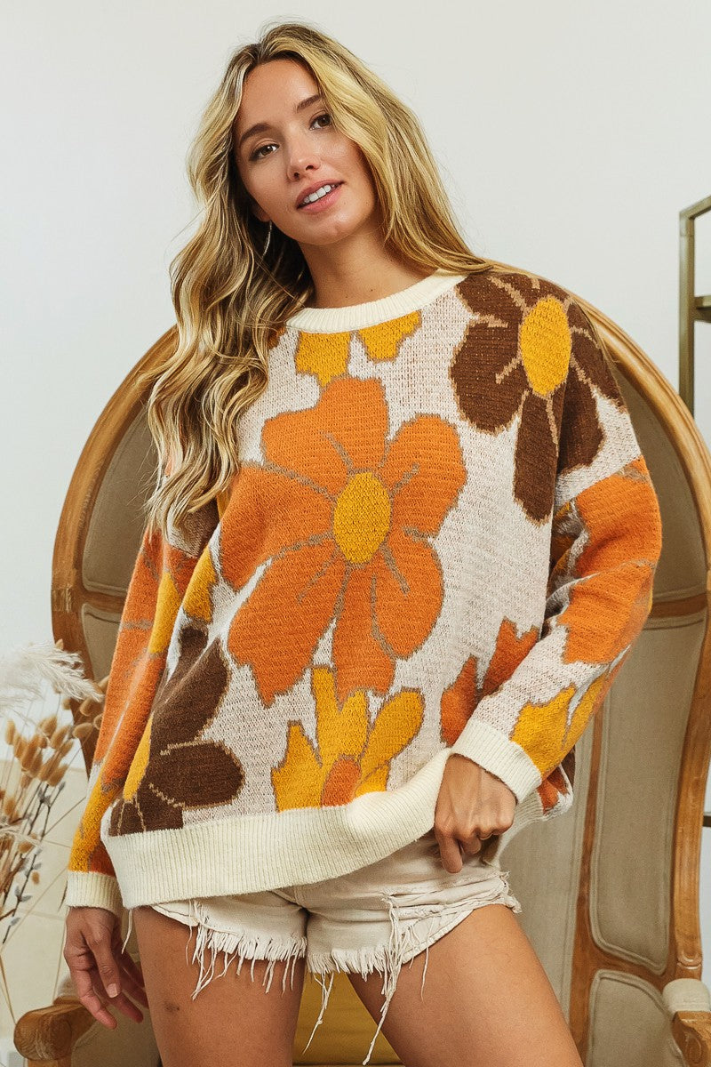 FLOWER PATTERN ROUND NECK SWEATER (S-XL)