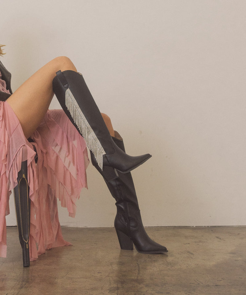 The Glasgow in Black - Rhinestone Fringe Boots by Oasis Society