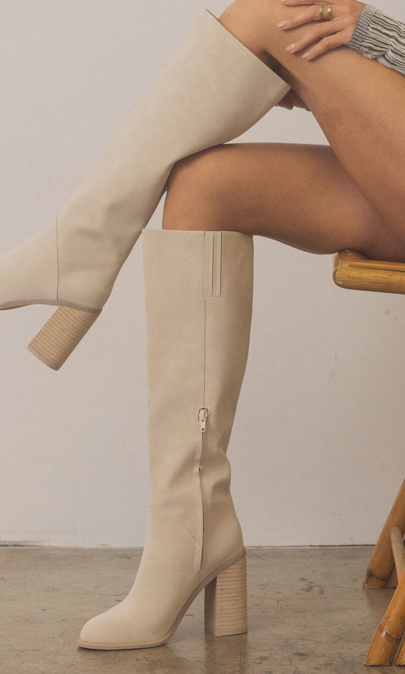 The Shiloh - Knee High Block Heel Boots in Light Grey by Oasis Society