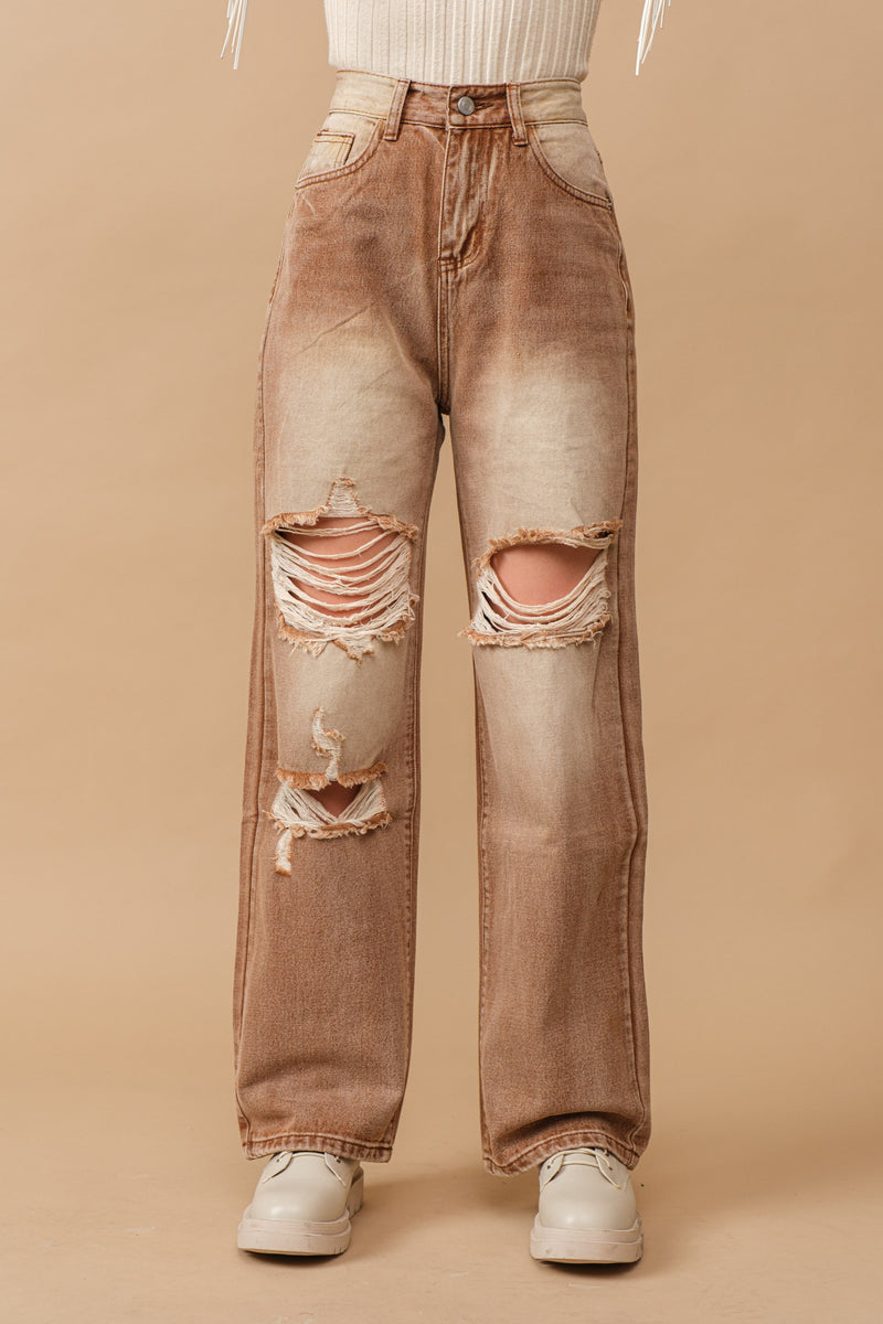 Hight Rise Distressed Straight Cut Denim Jeans