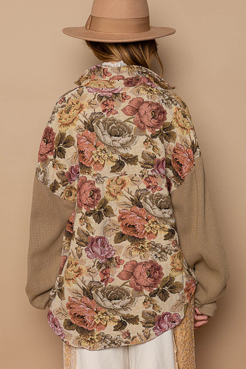 Contrast sleeves button down floral jacquard shirt in mocha