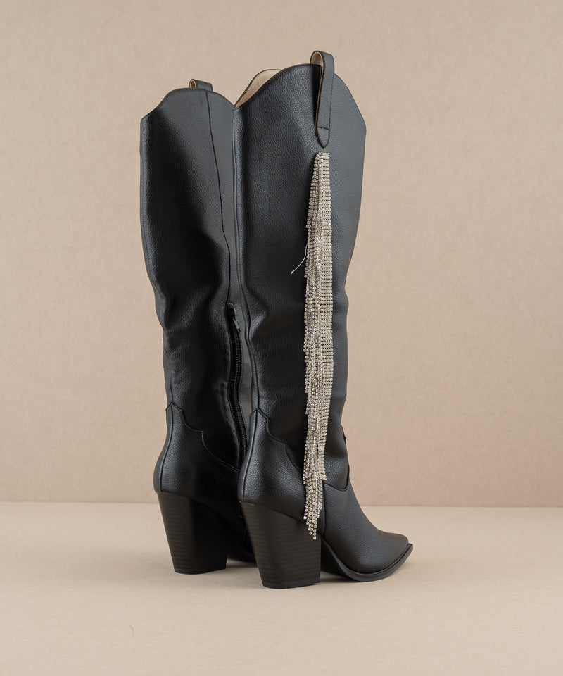 The Glasgow in Black - Rhinestone Fringe Boots by Oasis Society