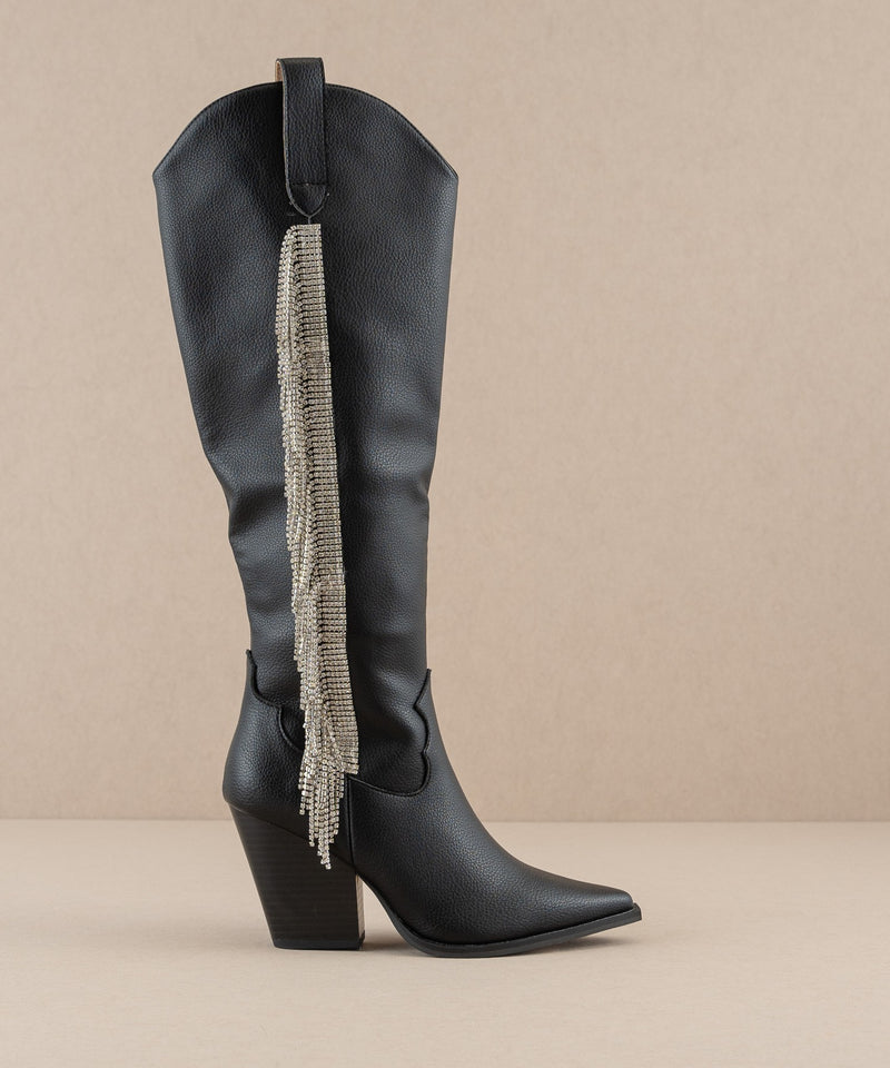 The Glasgow in Black - Rhinestone Fringe Boots by Oasis Society