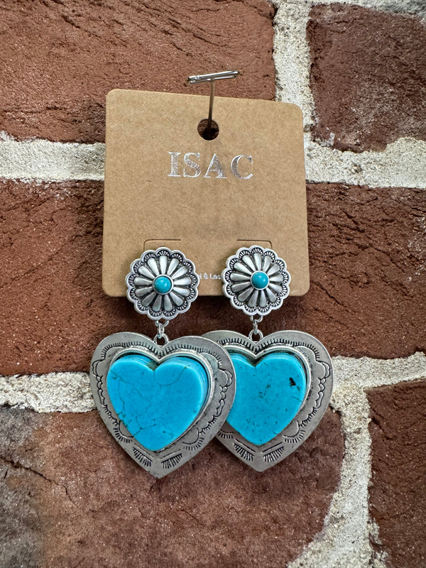 Large Heart Turquoise Dangle Silver Post Earrings