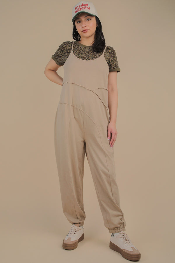 Sleeveless Knit Comfy Casual Jumpsuit in Mocha