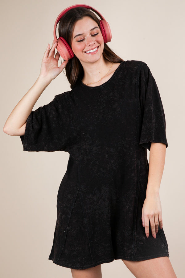Mineral Washed Oversized Knit Comfy Romper in Black