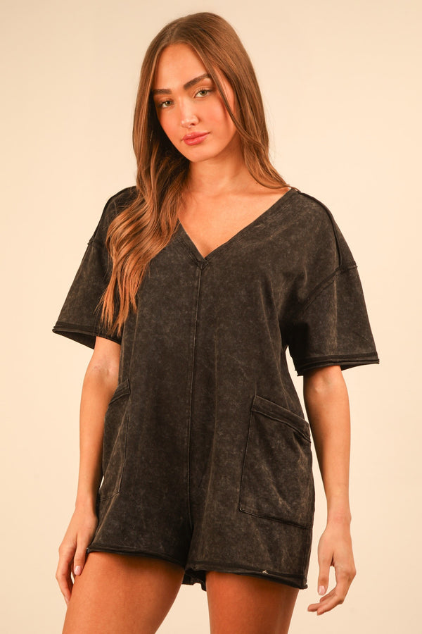 Mineral Washed Oversized Casual Knit Romper in Black