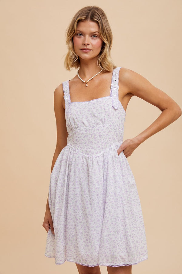 FLORAL APRON STYLE UTILITY MINI DRESS in Lavender- Final Sale