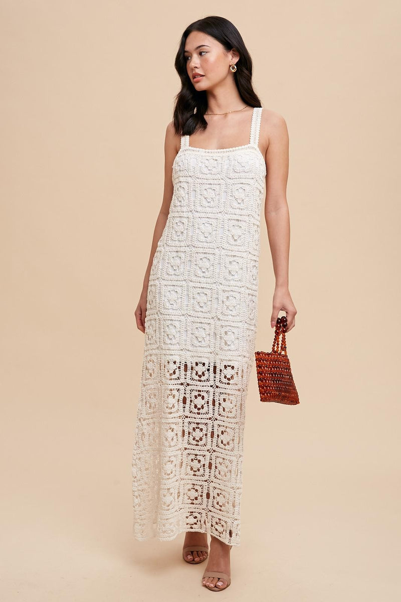 Cotton Crochet Maxi Tank Dress in Creme- Final Sale