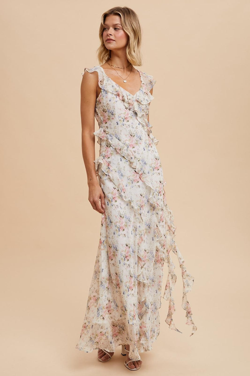 RUFFLED YORU CHIFFON FLORAL DRESS- Final Sale