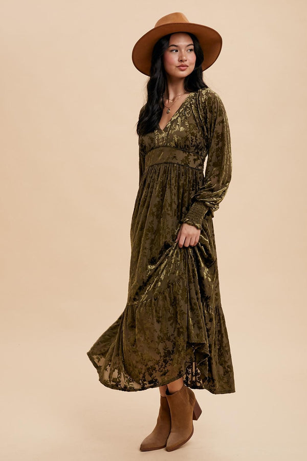 VELVET BURNOUT MAXI DRESS (Olive)