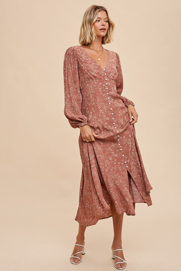 VISCOSE FLORAL BUTTON DRESS (ROSEWOOD)