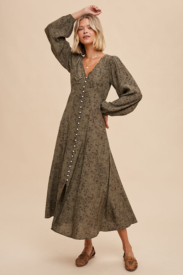 VISCOSE FLORAL BUTTON DRESS (OLIVE)