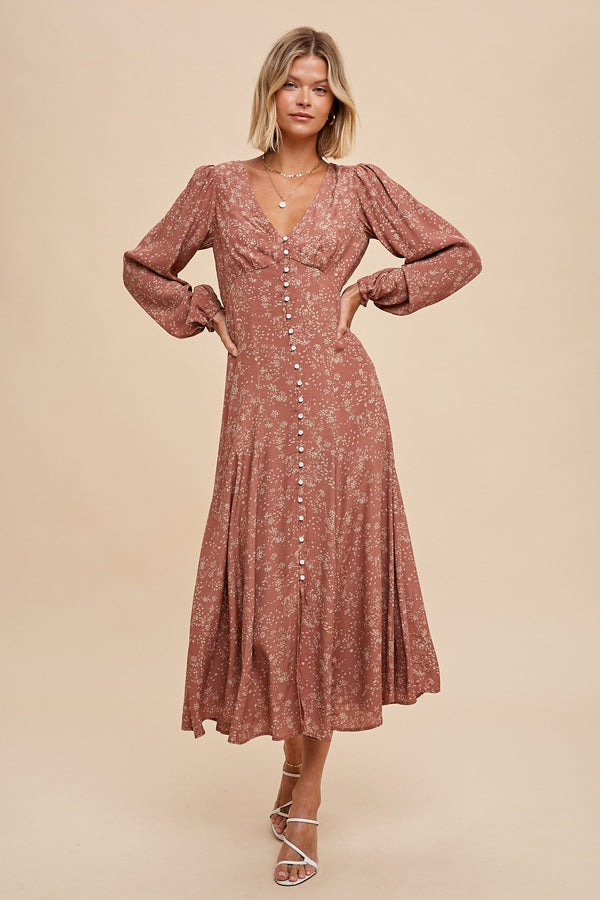 VISCOSE FLORAL BUTTON DRESS (ROSEWOOD)