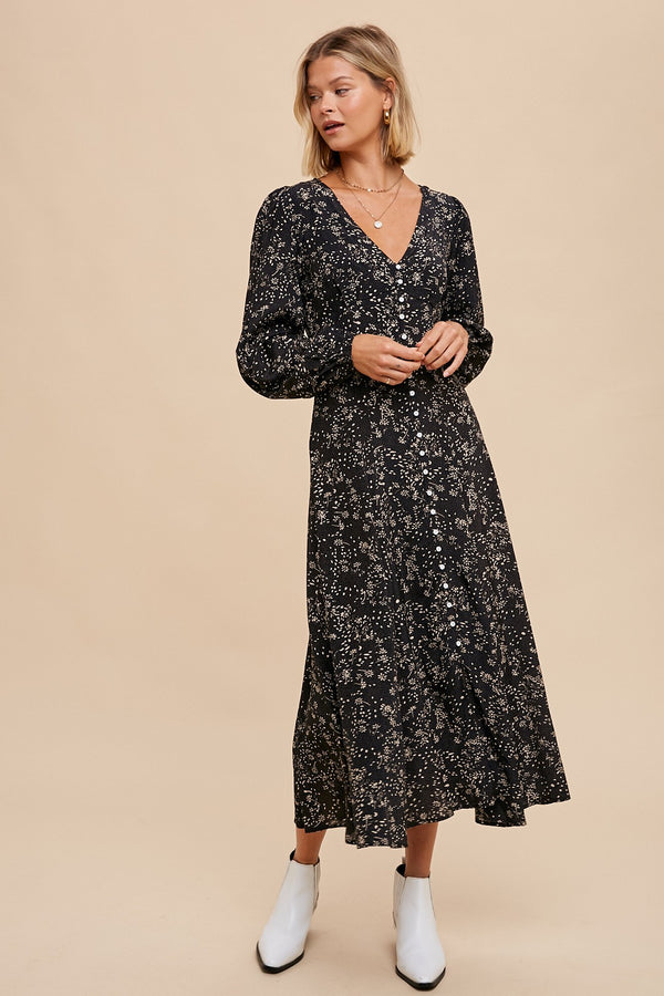 VISCOSE FLORAL BUTTON DRESS (BLACK FLORAL)