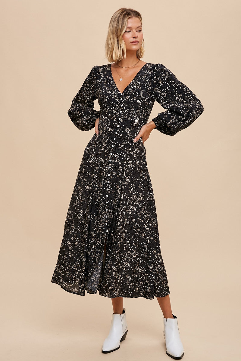 VISCOSE FLORAL BUTTON DRESS (BLACK FLORAL)